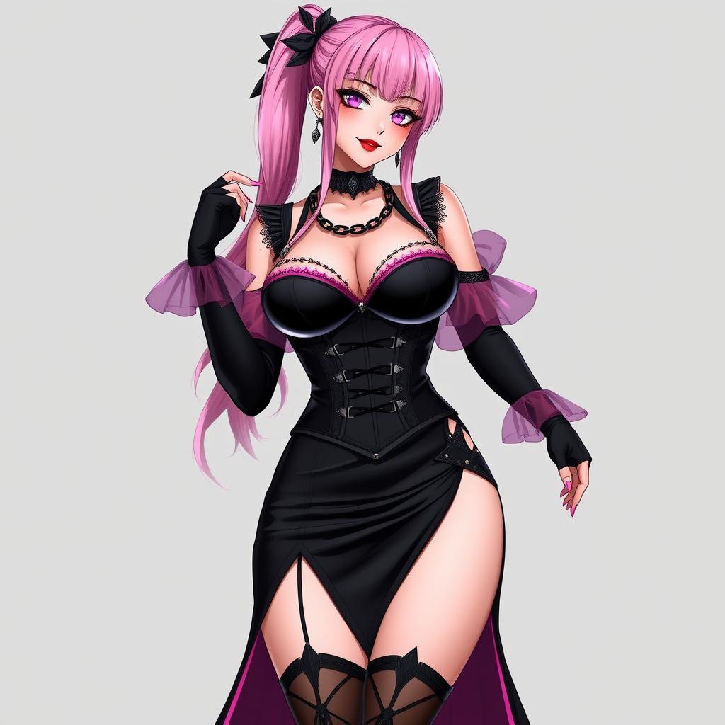 A sexy gothic anime villain dominatrix girl with a subtle smile and a touch of blush on her cheeks, showcasing long pink hair styled in a single ponytail, accented by a striking black hairpiece