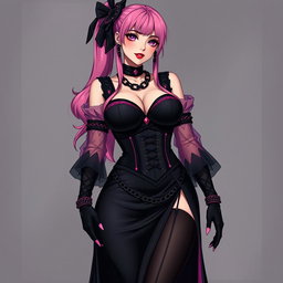 A sexy gothic anime villain dominatrix girl with a subtle smile and a touch of blush on her cheeks, showcasing long pink hair styled in a single ponytail, accented by a striking black hairpiece