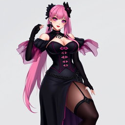 A sexy gothic anime villain dominatrix girl with a subtle smile and a touch of blush on her cheeks, showcasing long pink hair styled in a single ponytail, accented by a striking black hairpiece