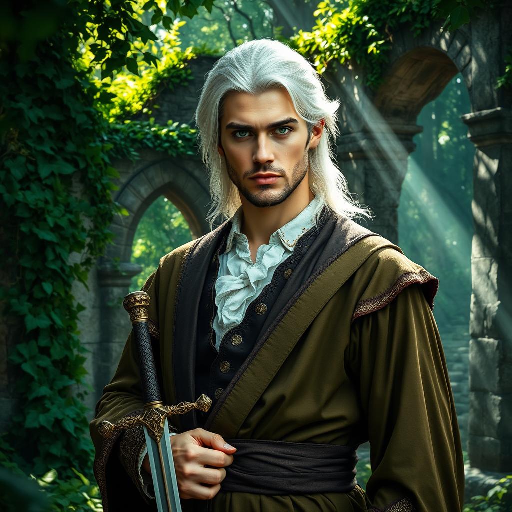 A medieval man with striking white hair and vivid green eyes, dressed in elegant, flowing attire typical of the medieval period, intricately tailored with rich fabrics and ornate details