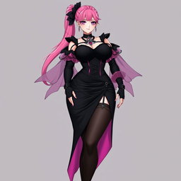 A sexy gothic anime villain dominatrix girl with a subtle smile and a soft blush on her cheeks
