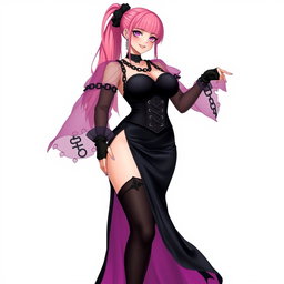 A sexy gothic anime villain dominatrix girl with a subtle smile and a soft blush on her cheeks