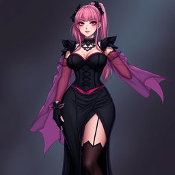 A sexy gothic anime villain dominatrix girl with a subtle smile and a soft blush on her cheeks