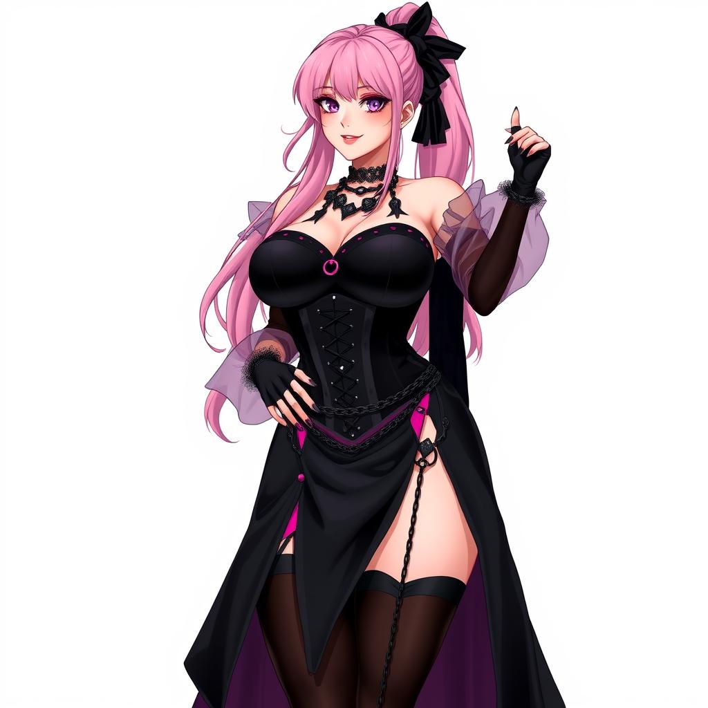 A sexy gothic anime villain dominatrix girl with a subtle smile and a soft blush on her cheeks