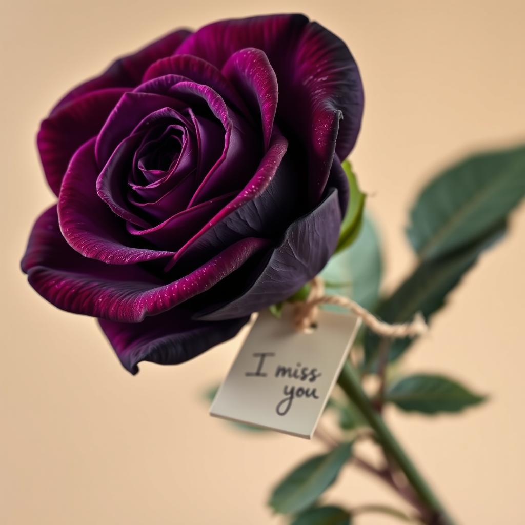 A hyperrealistic deep purple rose dominates the image, with meticulously detailed petals showcasing delicate textures and highlights