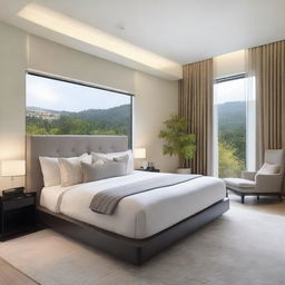 A beautifully designed, spacious bedroom with a large window showcasing a serene view. Add polished glass accents for a touch of modern elegance.