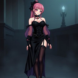 A sexy gothic anime villain dominatrix girl with a subtle smile and a soft blush on her cheeks