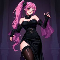 A sexy gothic anime villain dominatrix girl with a subtle smile and a soft blush on her cheeks