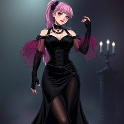 A sexy gothic anime villain dominatrix girl with a subtle smile and a soft blush on her cheeks