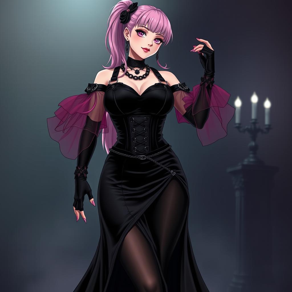 A sexy gothic anime villain dominatrix girl with a subtle smile and a soft blush on her cheeks