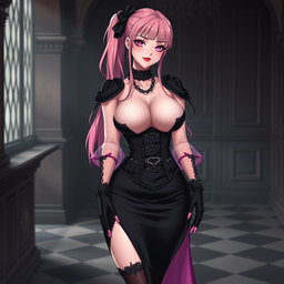 A sexy gothic anime villain dominatrix girl with a subtle smile and a soft blush on her cheeks