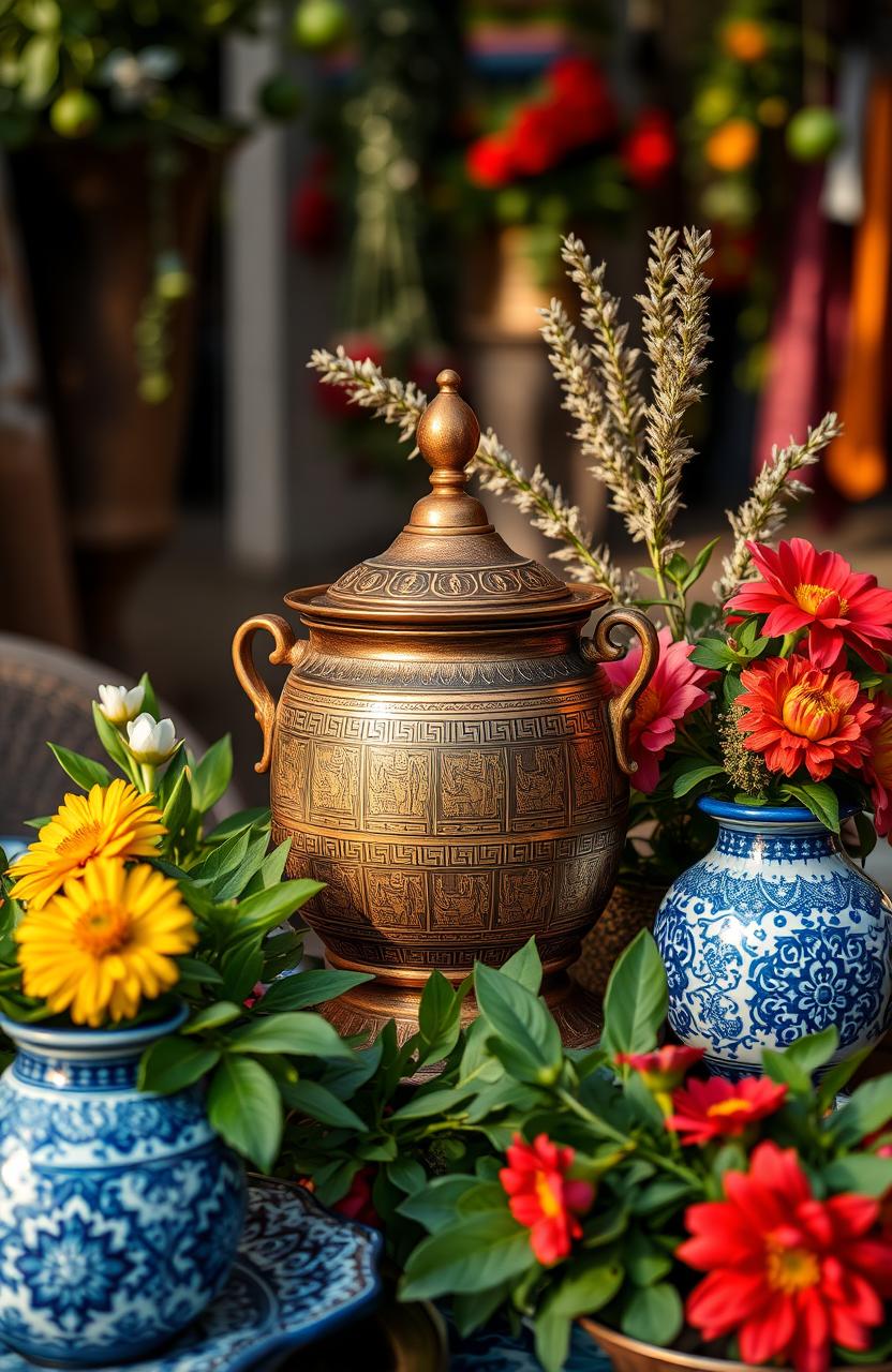 A traditional Copper Touareg container, known as a zanjani, sitting in an artistic Kadimah table setting