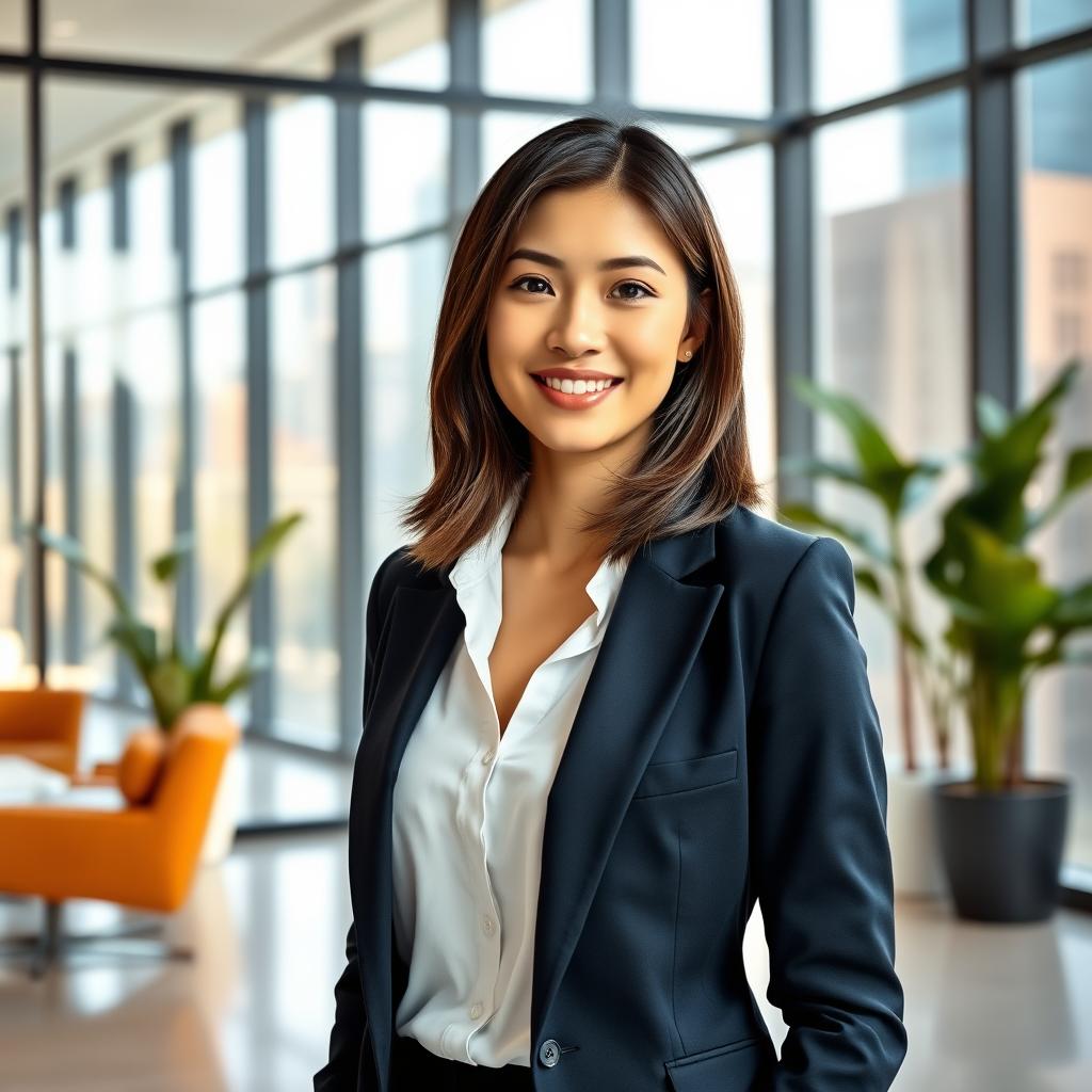 A confident young businesswoman standing in a modern office setting, dressed in sleek business formal attire