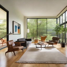 A beautiful, modern home interior. Natural light streams in through floor-to-ceiling windows, illuminating tasteful mid-century furniture, hardwood floors, and tastefully arranged art pieces.