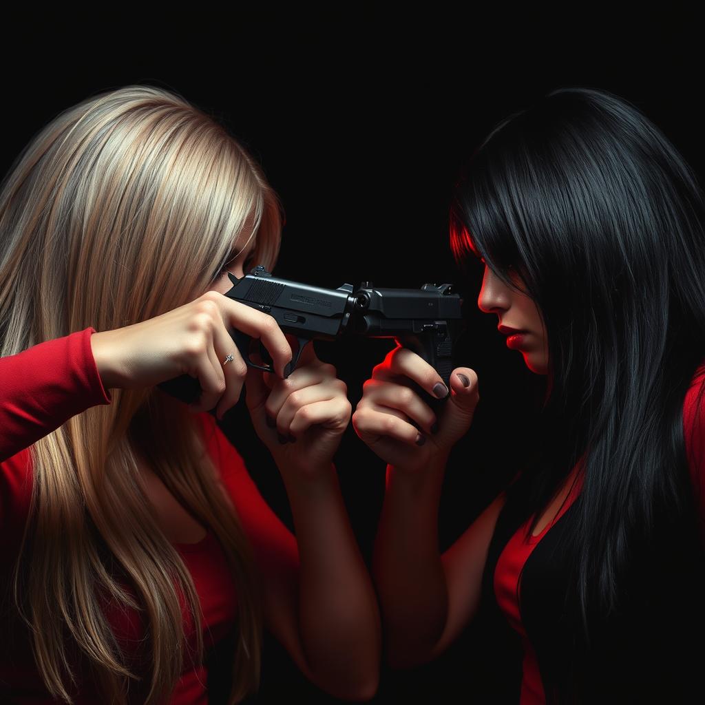 A dramatic scene featuring two women with long hair pointing guns at each other's heads, with one woman having blonde hair and the other black hair
