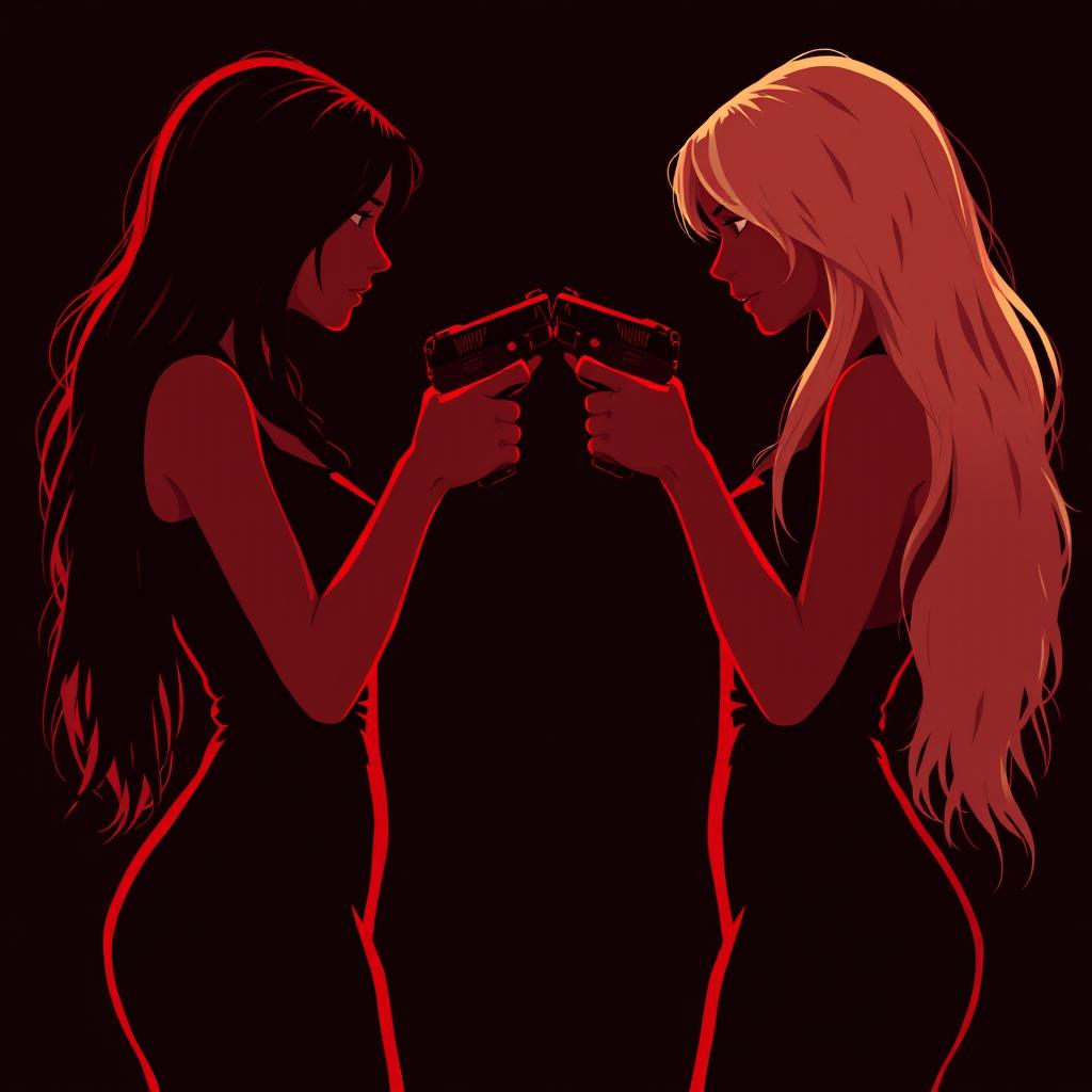 Two women with long hair, one with blonde hair and the other with black hair, standing a little distance apart, pointing guns at each other's heads