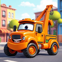 An eye-catching orange cartoon tow truck, featuring a friendly and expressive face with big, playful eyes and a wide smile
