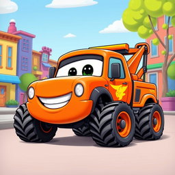 An eye-catching orange cartoon tow truck, featuring a friendly and expressive face with big, playful eyes and a wide smile