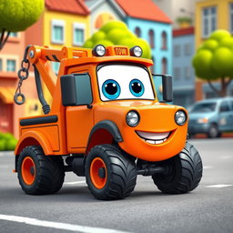 An eye-catching orange cartoon tow truck, featuring a friendly and expressive face with big, playful eyes and a wide smile