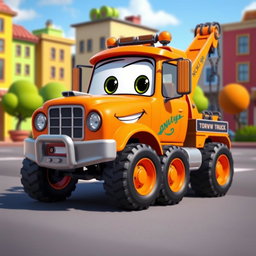 An eye-catching orange cartoon tow truck, featuring a friendly and expressive face with big, playful eyes and a wide smile