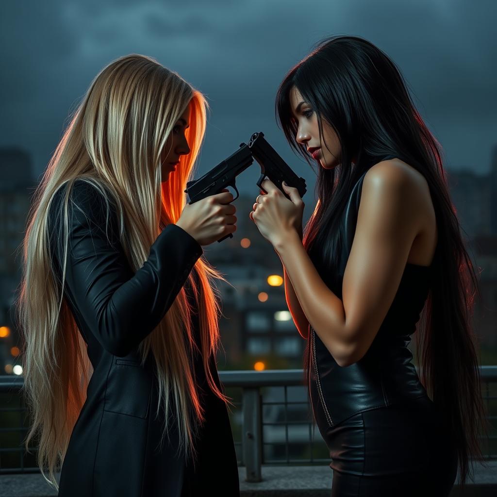 Two women with long hair, one blonde and one black, standing a short distance apart, both aiming a gun at each other's heads