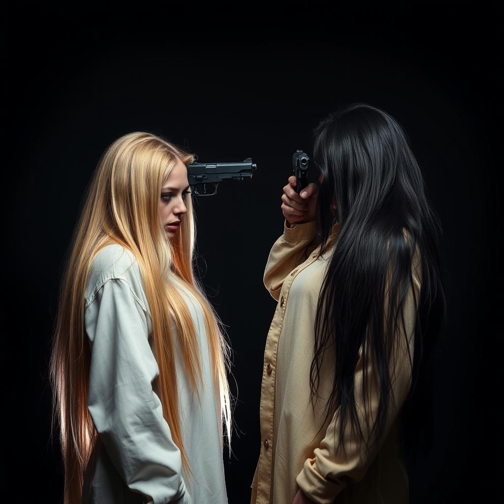 A dramatic scene featuring two women with long hair, set against a dark and moody background