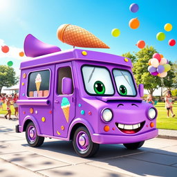 A delightful purple cartoon ice cream truck with a fun and whimsical design
