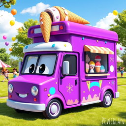 A delightful purple cartoon ice cream truck with a fun and whimsical design