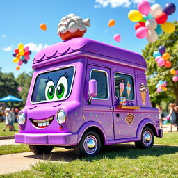 A delightful purple cartoon ice cream truck with a fun and whimsical design