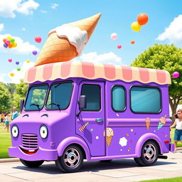 A delightful purple cartoon ice cream truck with a fun and whimsical design
