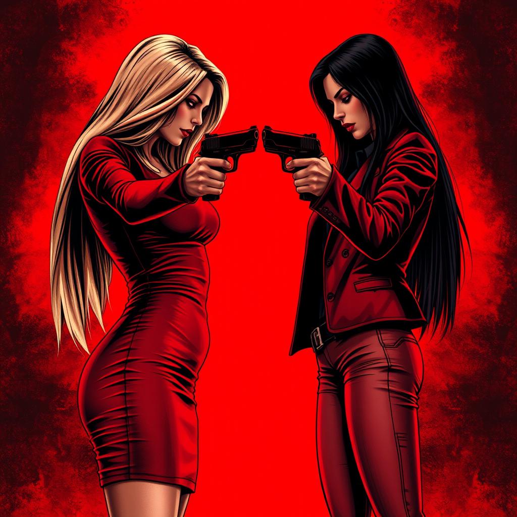 In a striking scene filled with tension and contrasting emotions, two women are depicted pointing guns at each other's heads, emphasizing a mix of hatred and love