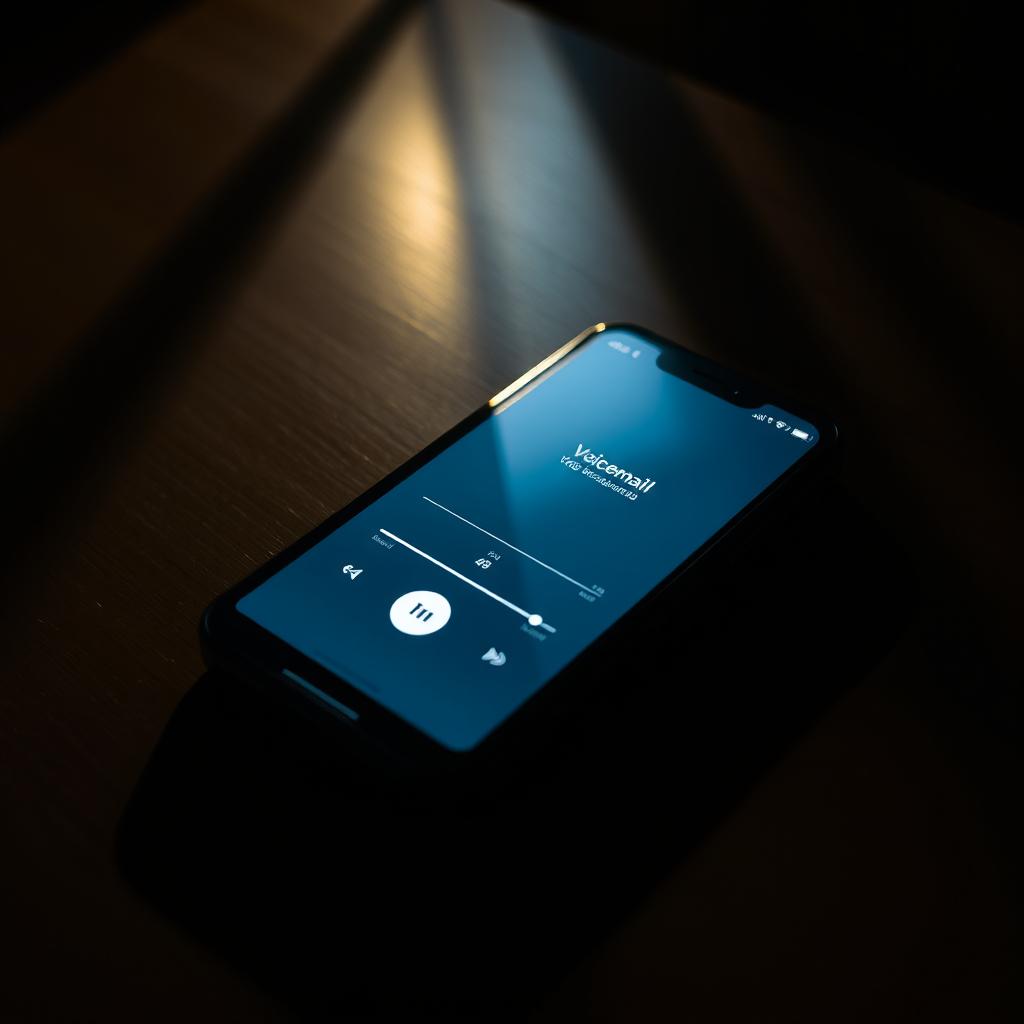 A realistic smartphone sitting on a wooden table in a dimly lit room, the screen illuminated as it plays a voicemail