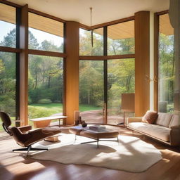 A beautiful, modern home interior. Natural light streams in through floor-to-ceiling windows, illuminating tasteful mid-century furniture, hardwood floors, and tastefully arranged art pieces.