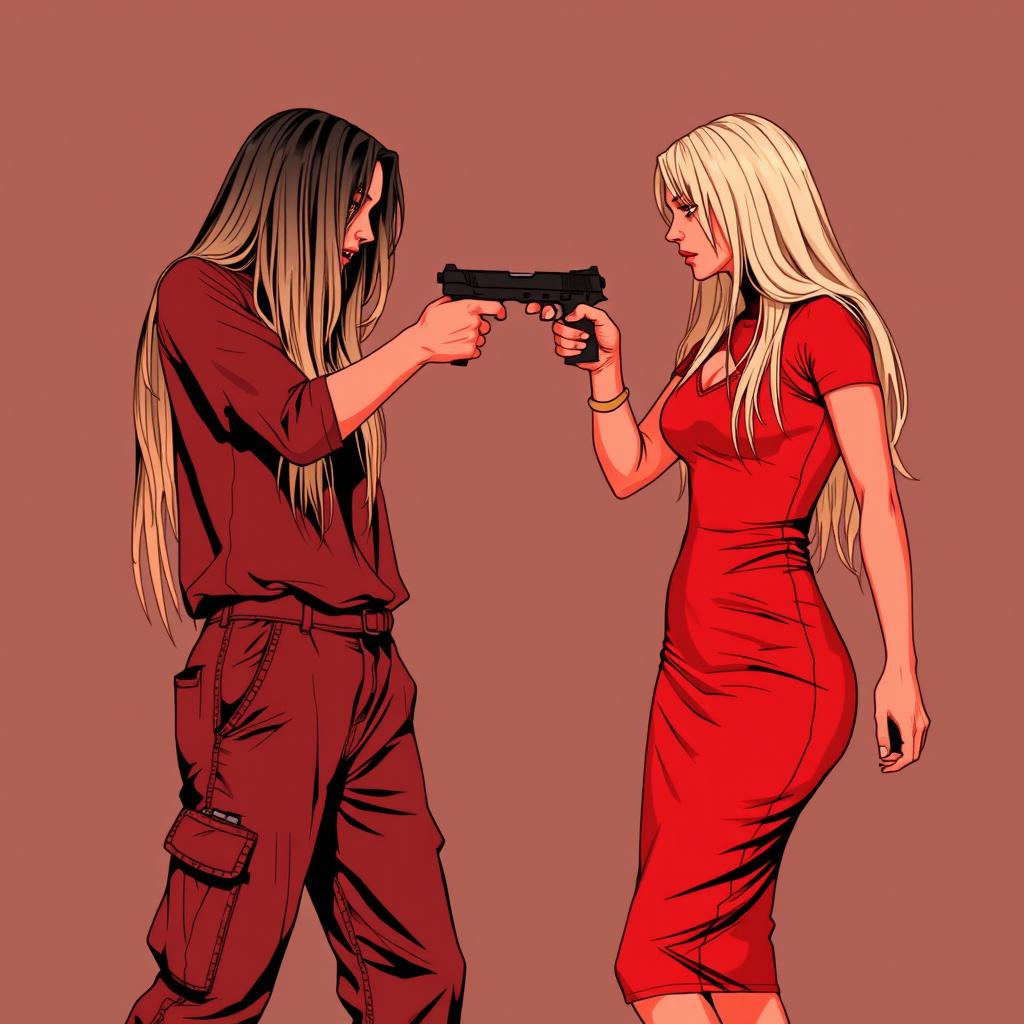 Two women without showing their faces, one with long blonde hair and the other with long black hair, both pointing a gun at each other's heads, a mix of hatred and love in their expressions