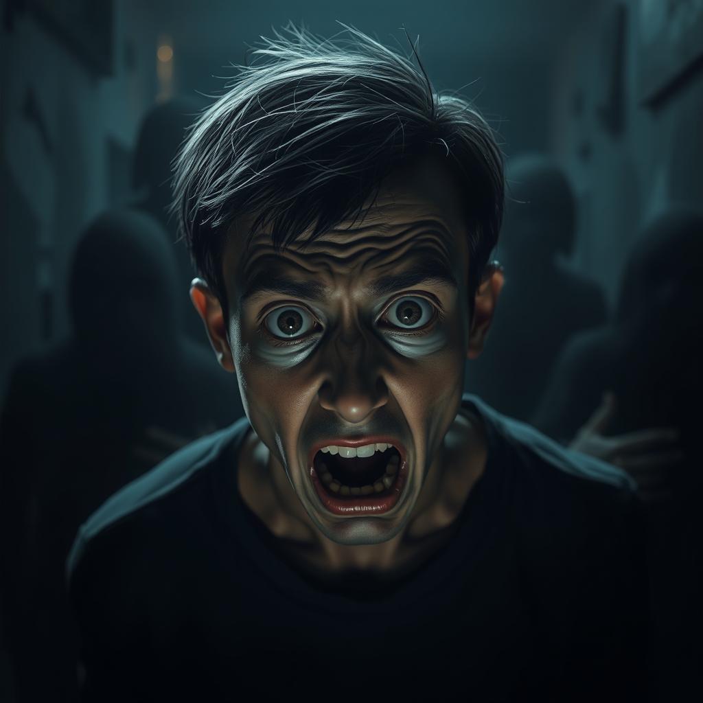 A realistic depiction of an anxious and scared individual in a dark environment