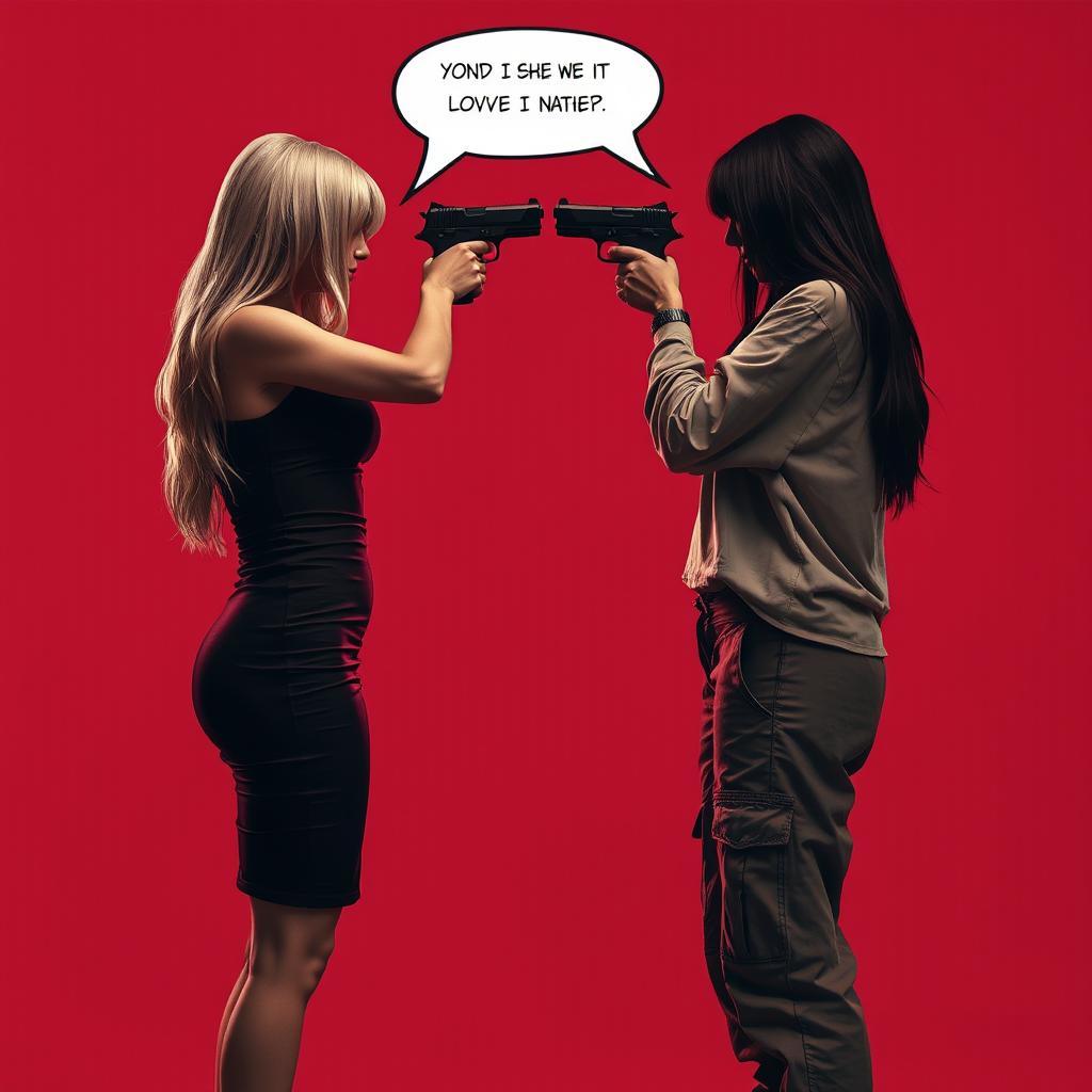 A dramatic scene featuring two women without visible faces, conveying a mix of hatred and love