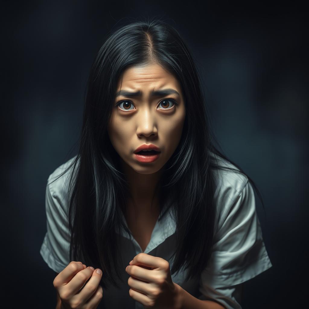 A realistic portrayal of an anxious and scared Asian woman in a dark, moody environment