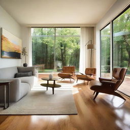 A beautiful, modern home interior. Natural light streams in through floor-to-ceiling windows, illuminating tasteful mid-century furniture, hardwood floors, and tastefully arranged art pieces.