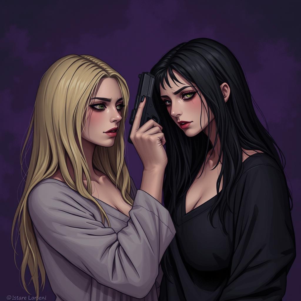 Two women with long hair, one with blonde hair and the other with black hair
