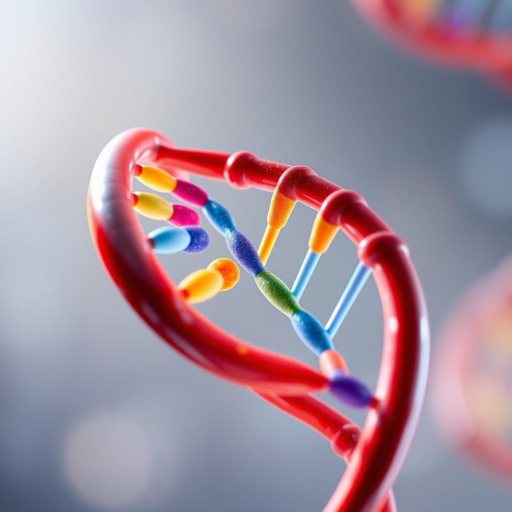 A detailed close-up illustration of DNA double helix, showcasing the intricate structure of nucleotides