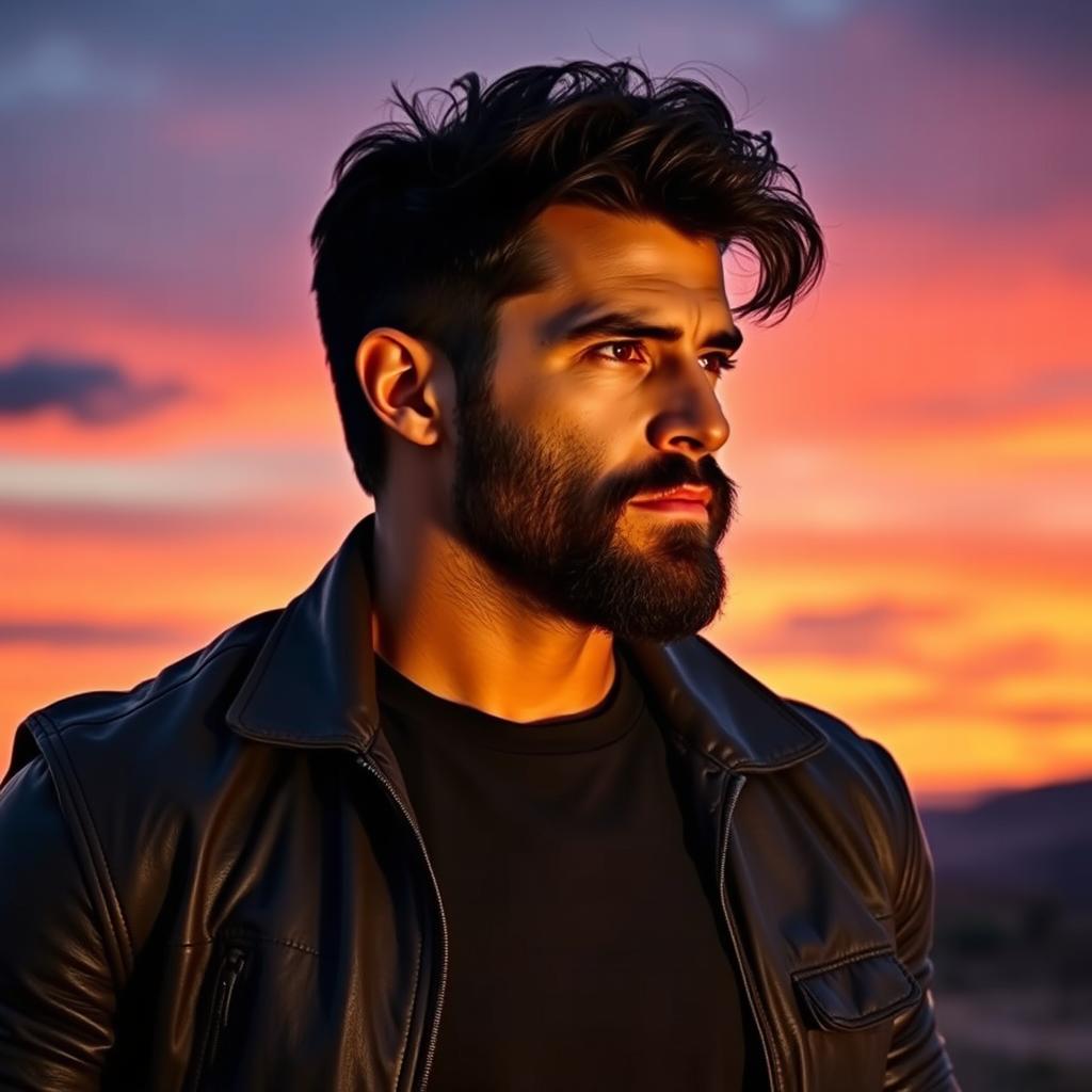 A strong, rugged man with a well-groomed beard, looking confidently into the distance