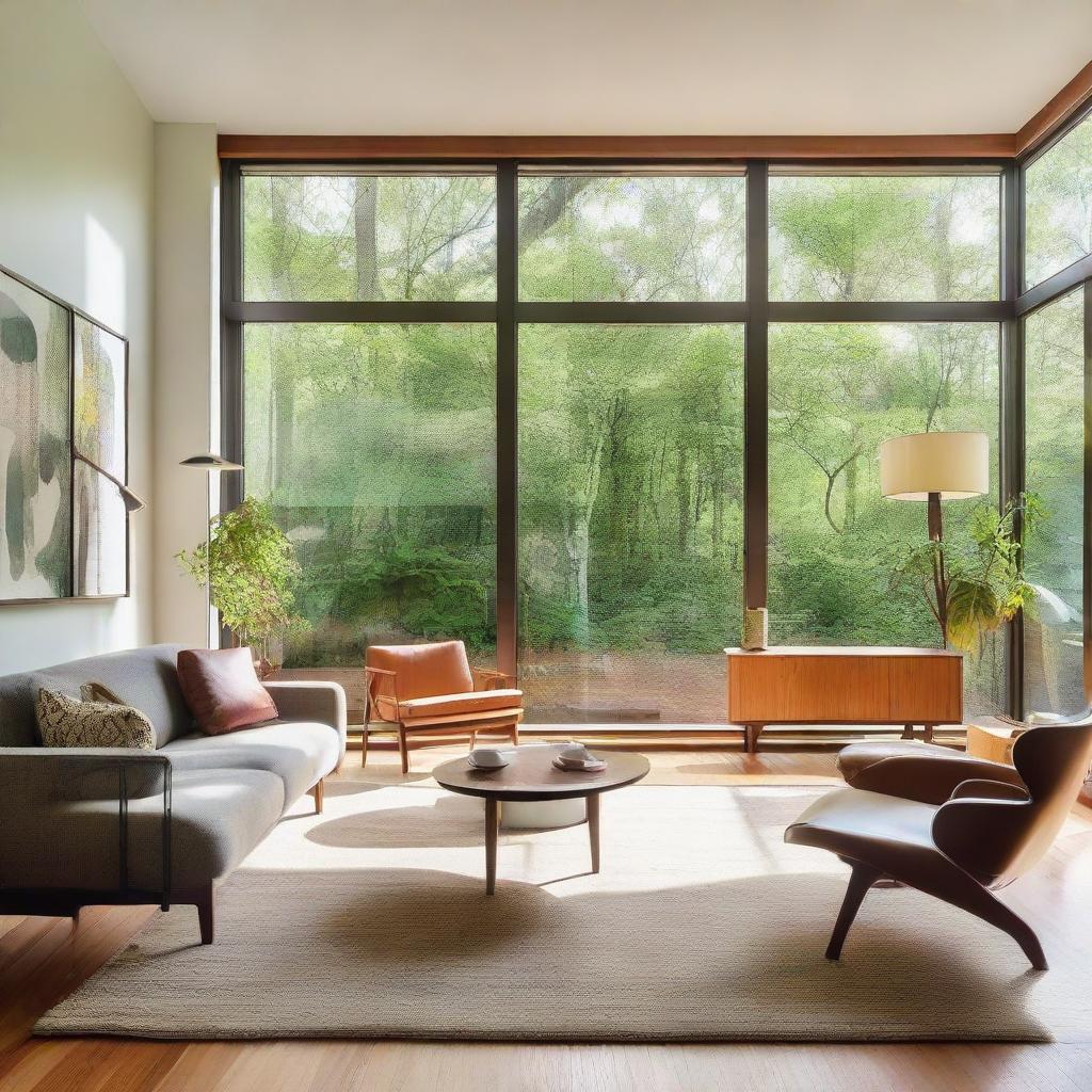 A beautiful, modern home interior. Natural light streams in through floor-to-ceiling windows, illuminating tasteful mid-century furniture, hardwood floors, and tastefully arranged art pieces.