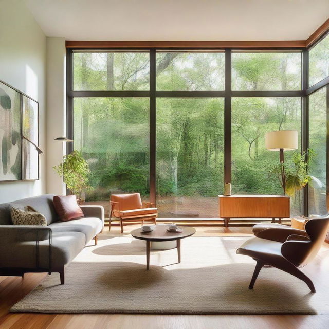 A beautiful, modern home interior. Natural light streams in through floor-to-ceiling windows, illuminating tasteful mid-century furniture, hardwood floors, and tastefully arranged art pieces.