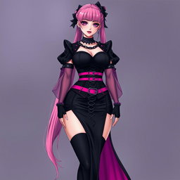 A sexy gothic anime villain dominatrix girl with a subtle smile and a delicate blush on her cheeks, featuring long pink hair styled in a single ponytail, accented with a sleek black hairpiece