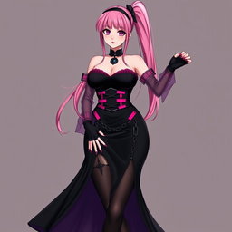 A sexy gothic anime villain dominatrix girl with a subtle smile and a delicate blush on her cheeks, featuring long pink hair styled in a single ponytail, accented with a sleek black hairpiece