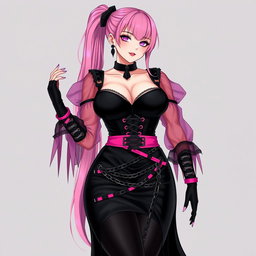 A sexy gothic anime villain dominatrix girl with a subtle smile and a delicate blush on her cheeks, featuring long pink hair styled in a single ponytail, accented with a sleek black hairpiece