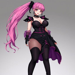 A sexy gothic anime villain dominatrix girl with a subtle smile and a delicate blush on her cheeks, featuring long pink hair styled in a single ponytail, accented with a sleek black hairpiece