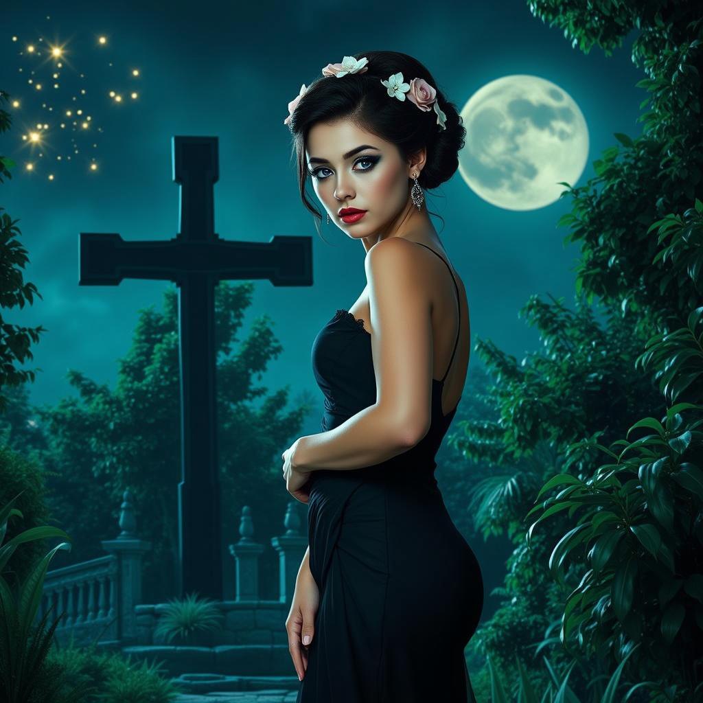 A striking image of a beautiful young woman standing elegantly in a mystical garden at night