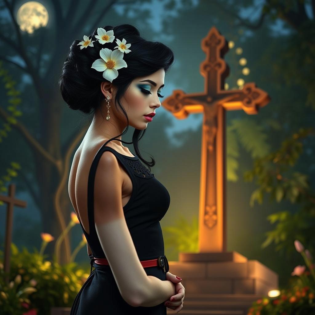 A captivating image of a woman in profile, exuding elegance and beauty as she stands in a mystical garden at night