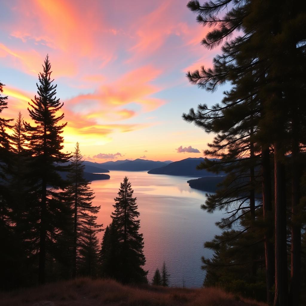 a beautiful, serene nature background featuring a tranquil lakeside view surrounded by tall pine trees, with a vibrant sunset casting warm orange and pink hues over the water, mountains in the distance, and a few fluffy clouds in the sky, creating a peaceful and idyllic scene